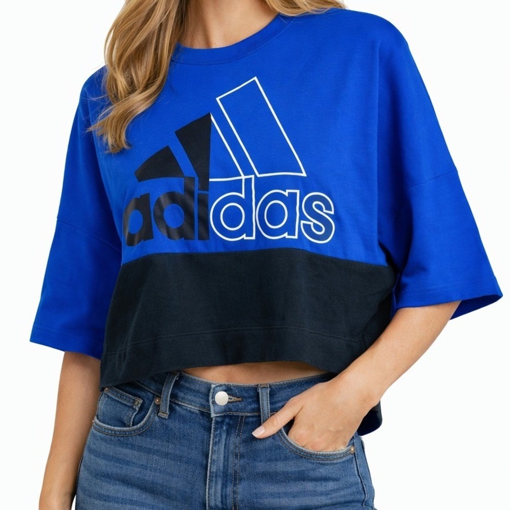 Adidas Cropped Sweatshirt Womens Medium Blue Black Logo Colorblock Pullover Top